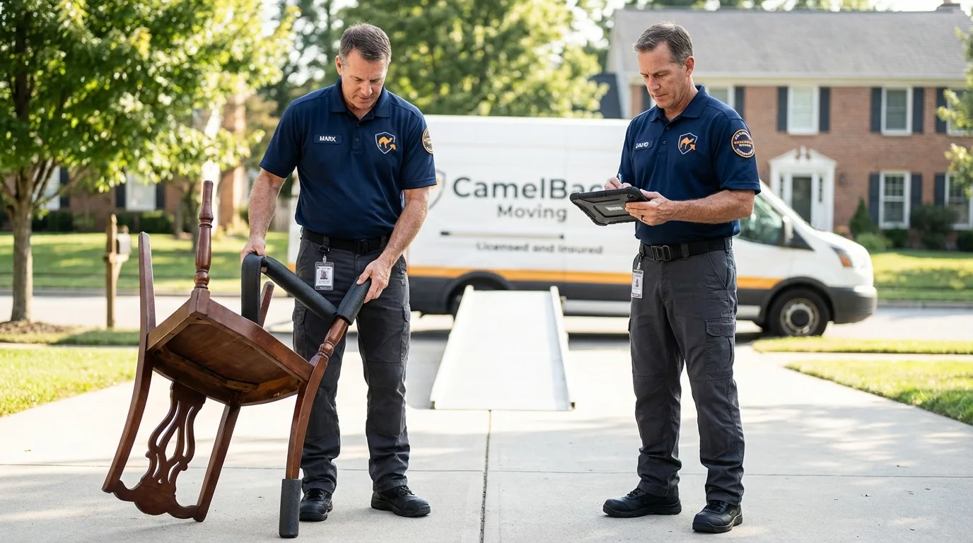 Movers inspecting furniture for damage prevention before loading in Saint Augustine, FL