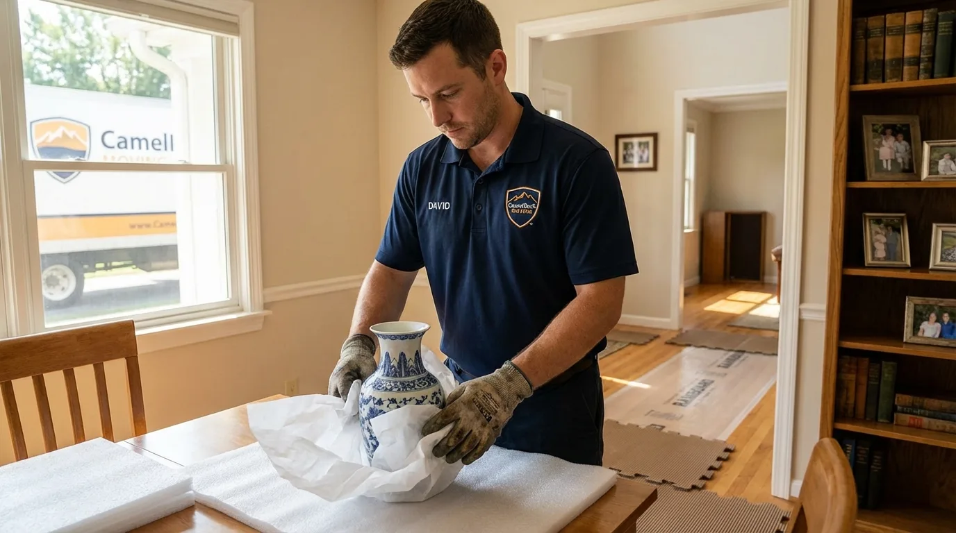 Professional crew carefully wrapping antique vase for senior downsizing move in Saint Augustine, FL
